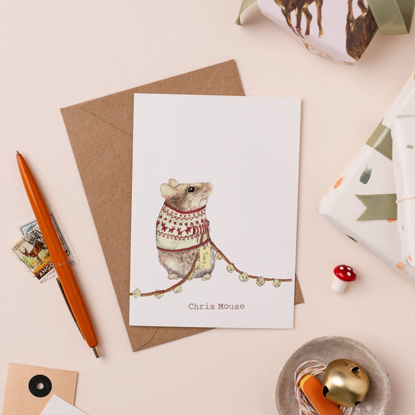 Chris Mouse Christmas Card Single - Ginger Pink Yarns