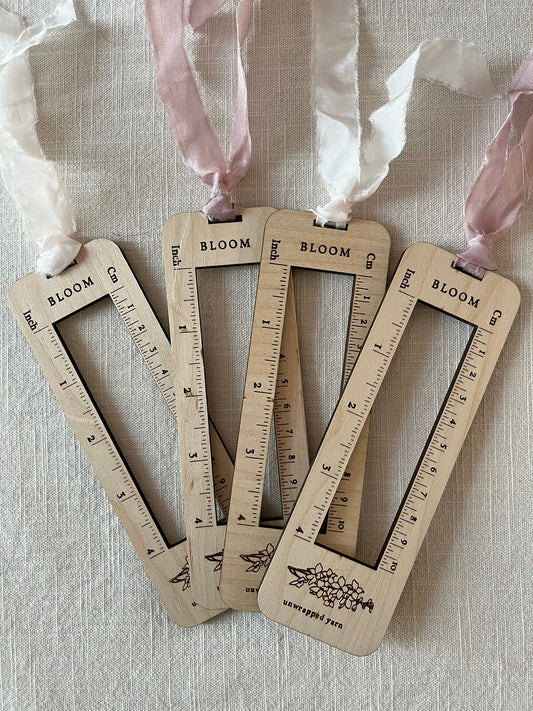 Delphinium Swatch Gauge Measurement Tool with Pale Pink Silk Ribbon - Ginger Pink Yarns