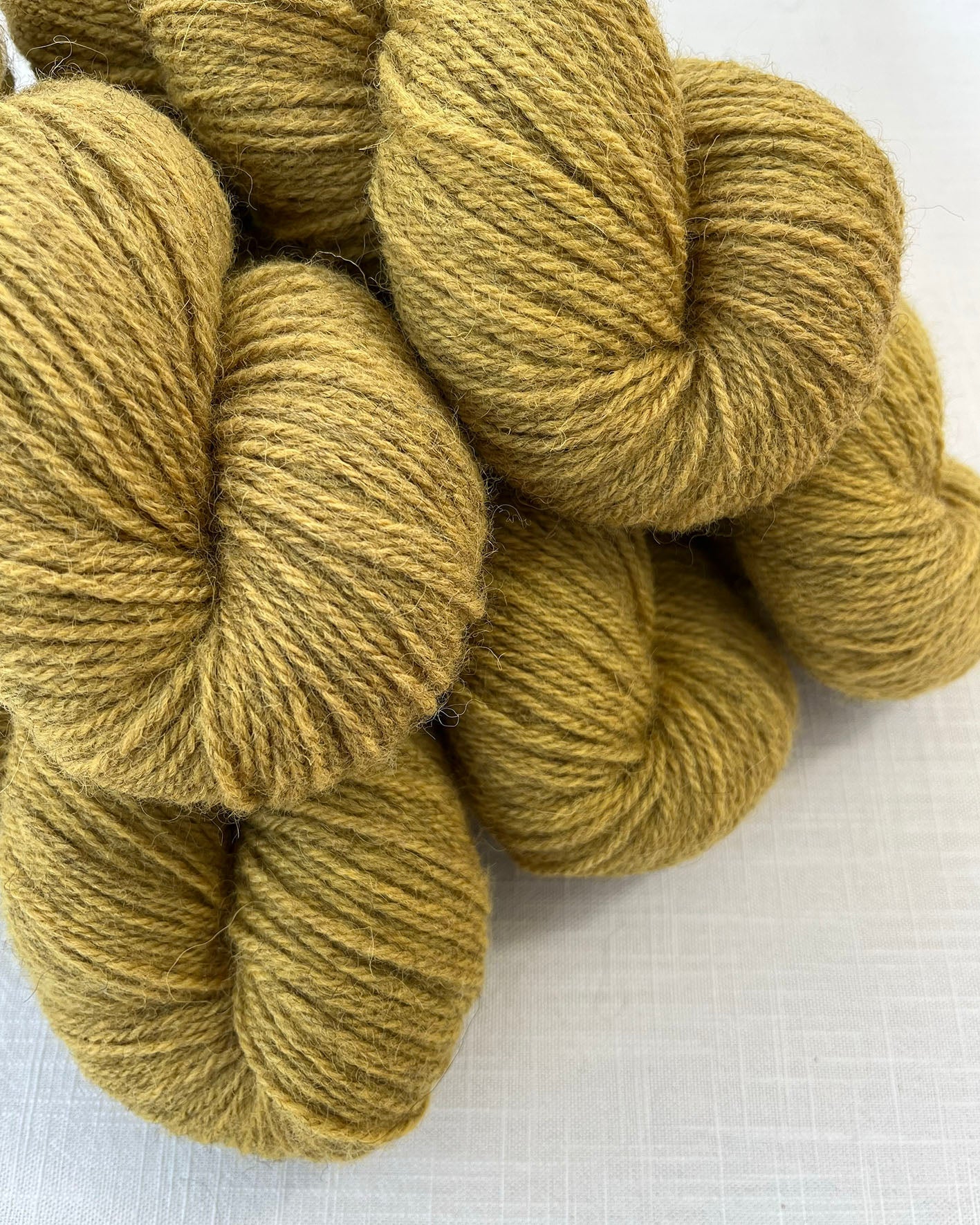 Skeins of soft golden yellow toned sustainable British DK wool naturally dyed with plants for knitting