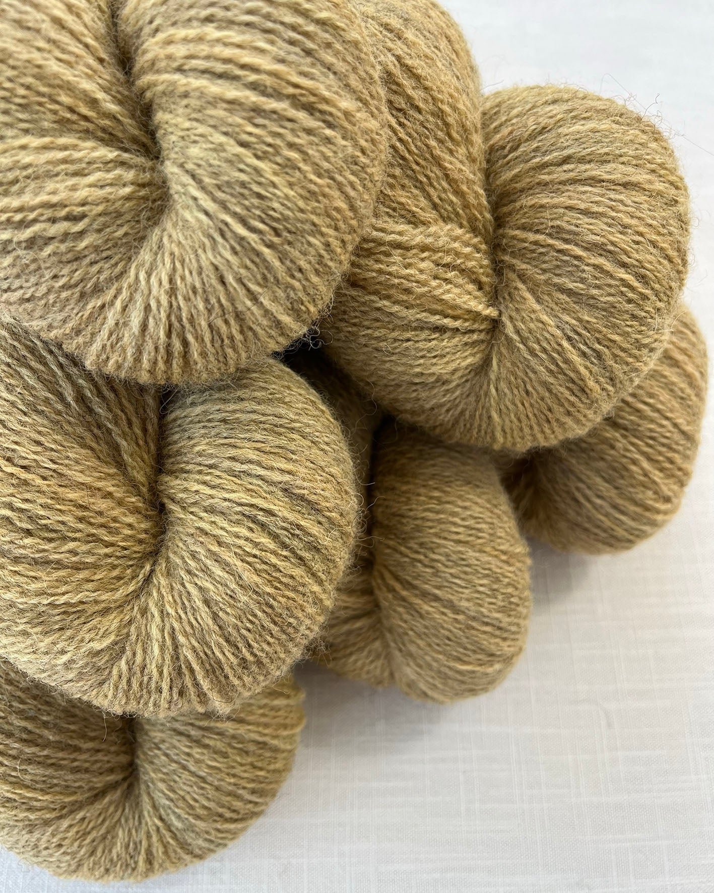 Skeins of soft honey toned sustainable British 4ply wool naturally dyed with plants