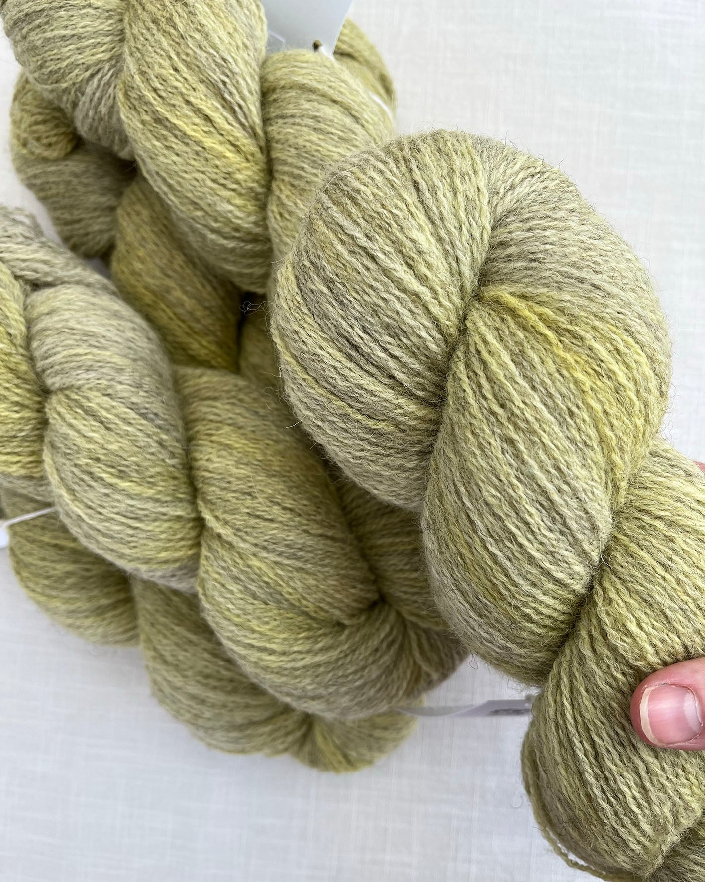 Skeins of soft green and yellow toned sustainable British 4ply wool naturally dyed with plants for knitting