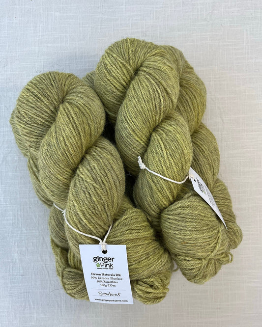 Skeins of soft Sorbet green and yellow toned sustainable British DK wool naturally dyed with plants