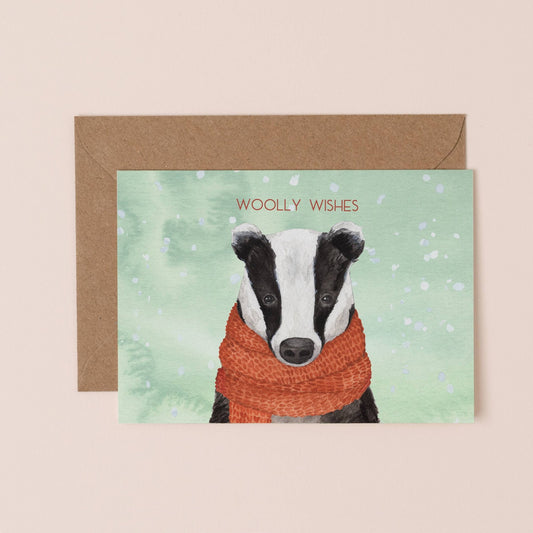 Woolly Wishes Badger Christmas Card - Single - Ginger Pink Yarns