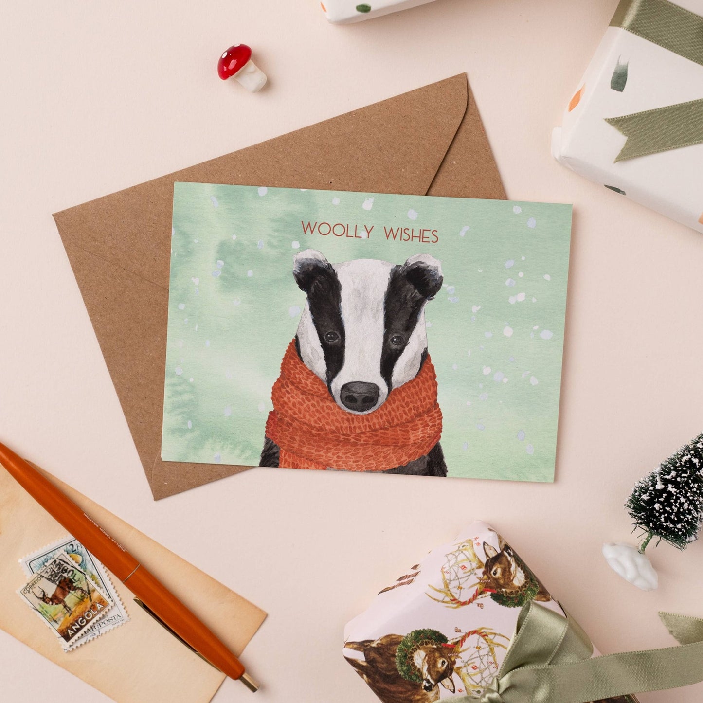 Woolly Wishes Badger Christmas Card - Single - Ginger Pink Yarns