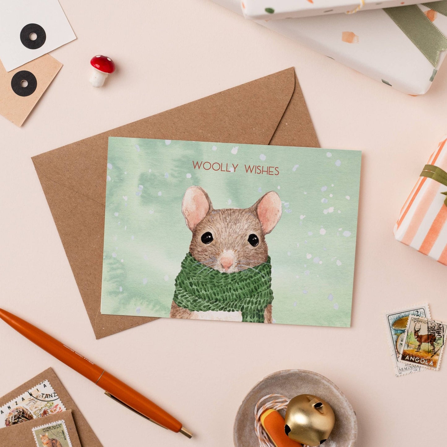 Woolly Wishes Mouse Christmas Card - Single - Ginger Pink Yarns