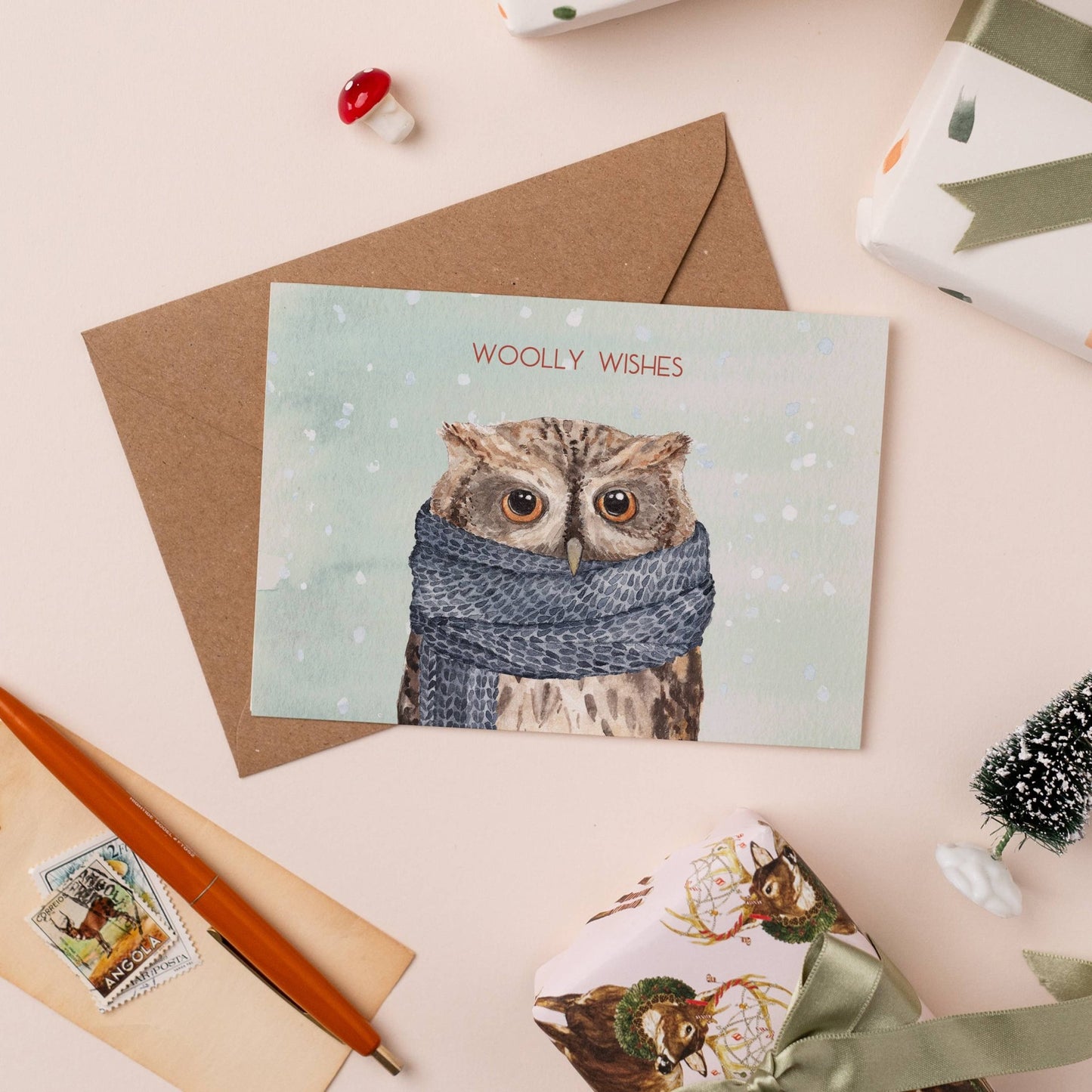 Woolly Wishes Owl Christmas Card Single - Ginger Pink Yarns