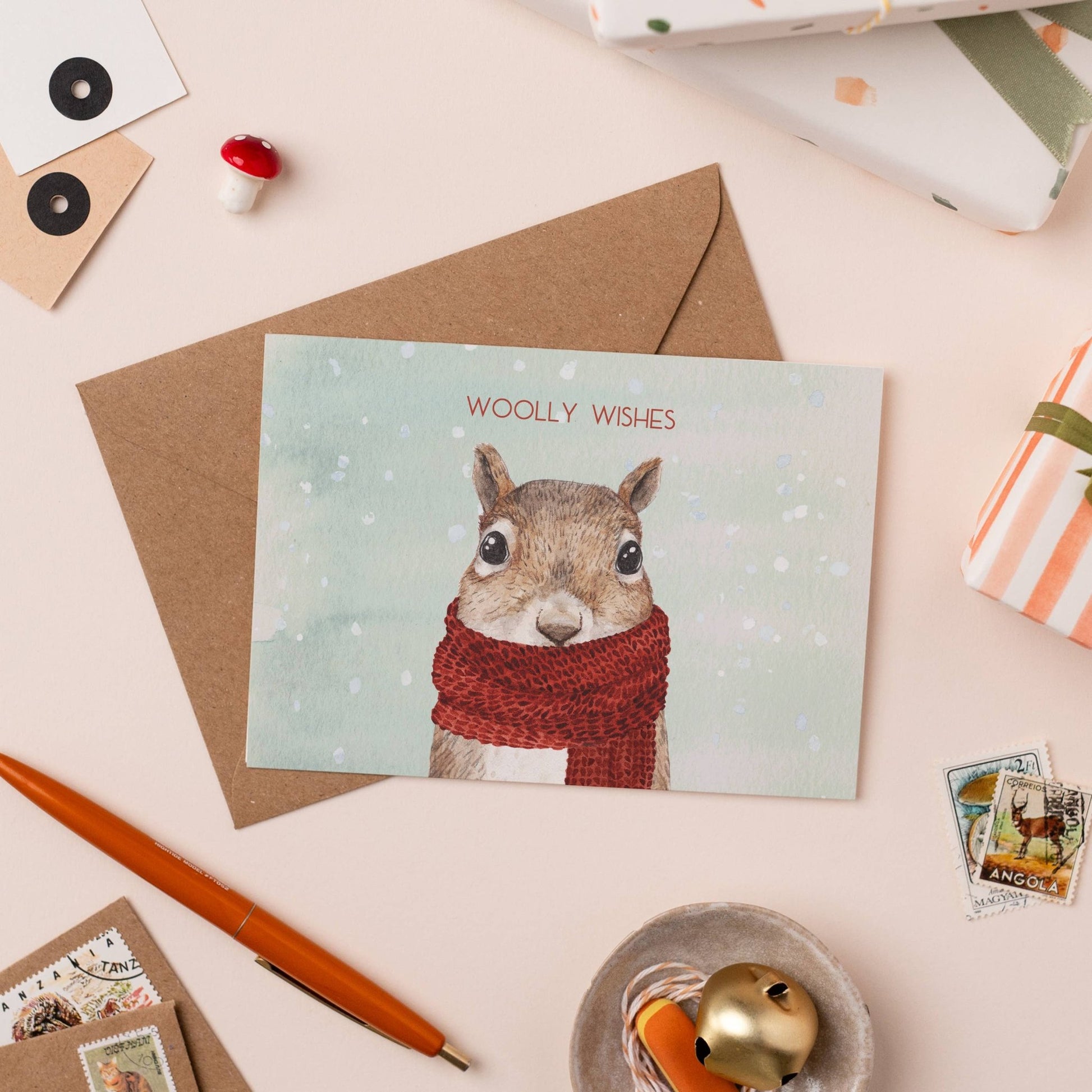 Woolly Wishes Squirrel Christmas Card Single - Ginger Pink Yarns
